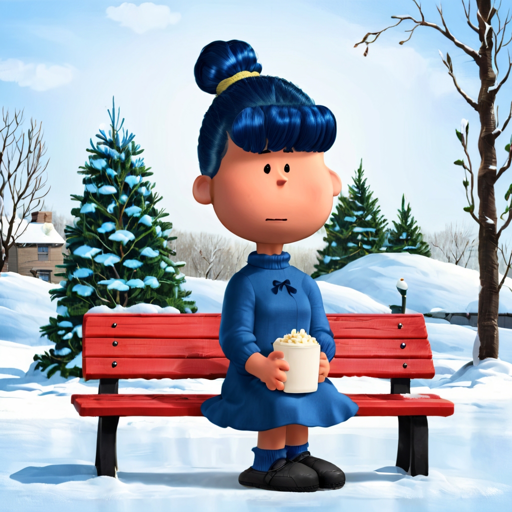 pampeanut girl with blue hair bun, sitting on bench, winter, 2d, masterpiece, highly detailed