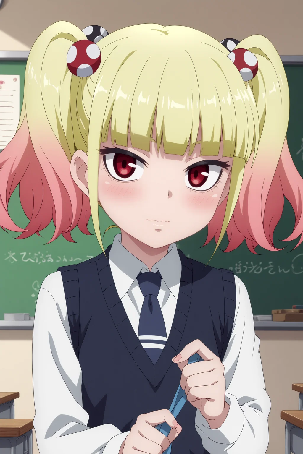 yuria niguredo,1girl,solo,multicolored hair,gradient_hair, pink hair,looking_at_viewer, blunt_bangs, bangs,twintails,hair ornament,school uniform,necktie,shirt,blue necktie,hair bobbles BREAK indoors,classroom,chalkboard <lora:Yuria_Niguredo_-_Mieruko_Chan.safetensors:0.8> <lora:detailed_backgrounds_v2.safetensors:0.5>