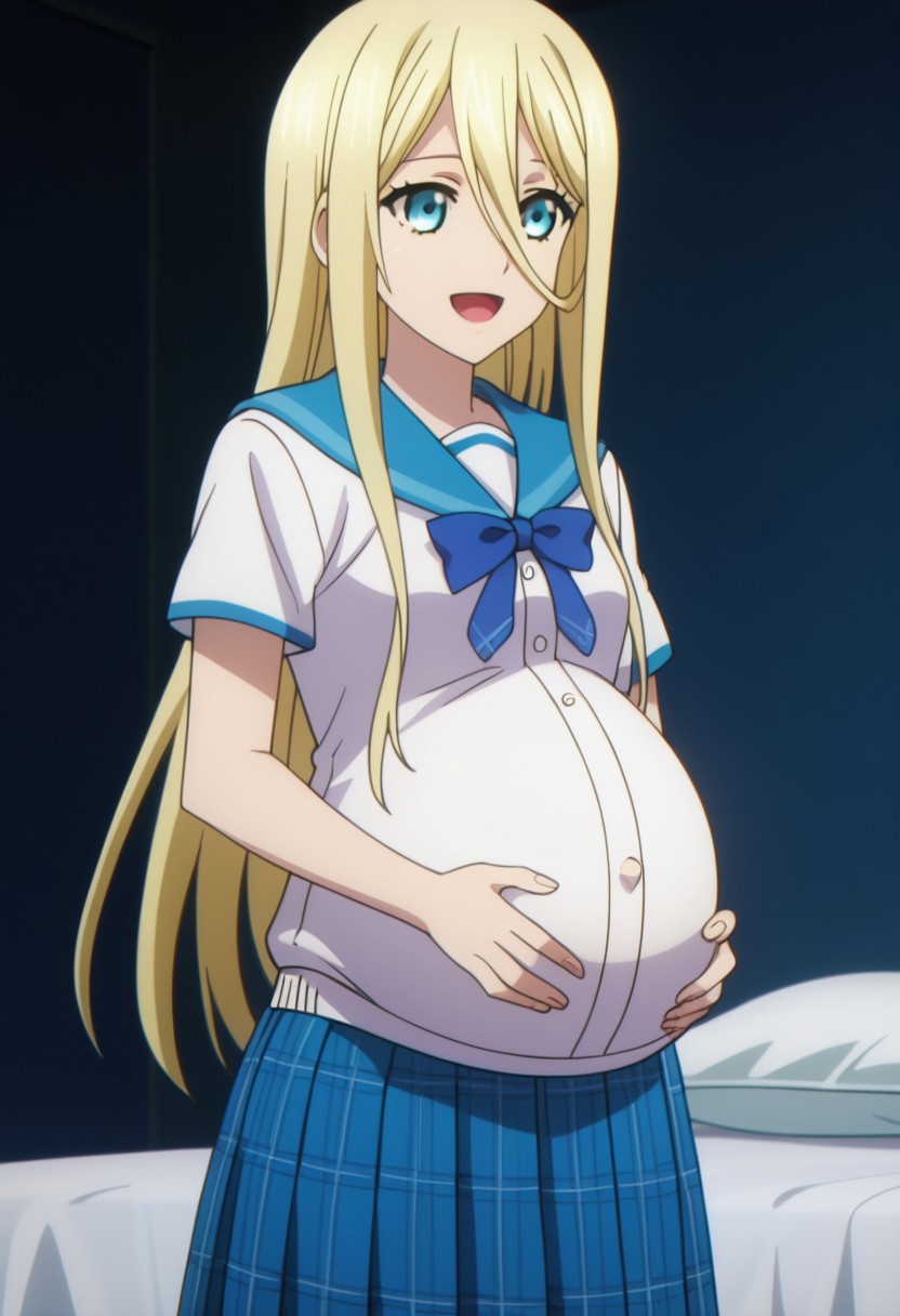 best quality, masterpiece, 4k, perfect lighting, very aesthetic, anime, anime coloring, official art, anime screencap,
OverallDetail, fFaceDetail, 
bedroom, happy, pregnant belly, hand on belly,
Avrora, blonde hair, school uniform, white shirt, long hair,
<lora:Pregnant Bump:1>