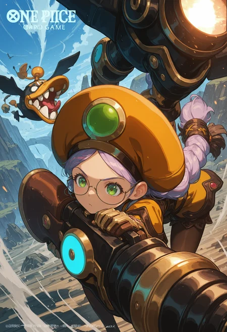 masterpiece, best quality, cinematic lighting, AcadDN01, 1girl, face, holding cannon, Mecha Duck, orange hat, twin braids, opcgstyle, art, official art, concept art, dynamic angle <lora:academic_dragonnest:1> <lora:One piece card game artstyle [IL]:1>