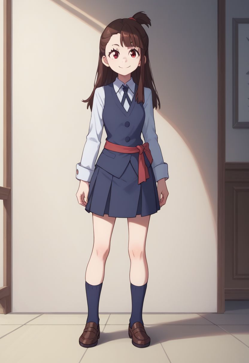 score_9, score_8_up, source_anime, highly detailed, 
akko, 1girl, solo, brown hair, luna nova school uniform, smile, long hair, looking at viewer, red eyes, full body, school uniform, shirt, white shirt, asymmetrical bangs,