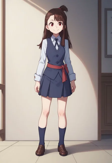 score_9, score_8_up, source_anime, highly detailed, 
akko, 1girl, solo, brown hair, luna nova school uniform, smile, long hair, looking at viewer, red eyes, full body, school uniform, shirt, white shirt, asymmetrical bangs,