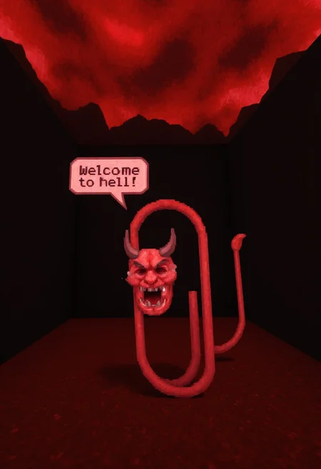 d00mstyle, clippy with a devil tail and devil horns in hell. Speech bubble: "welcome to hell!"