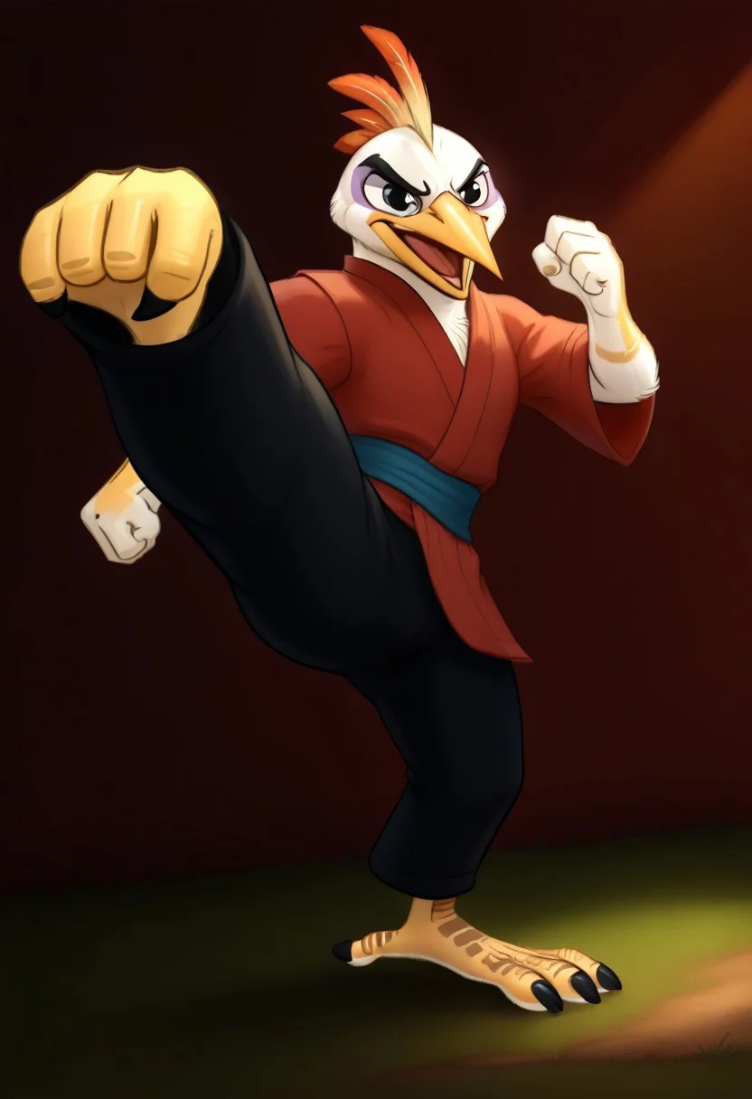 (((Barefoot furry character, full body, cinematic setting, furry male, plantigrade)))
(((Ono))), egret anthro, black eyes, ((red kimono and black pants, training kung-fu at training ground in park, fighting stance, dynamic pose, perform side kick)), (((nice bird feet, orange and black talons)))
BREAK, intricate details, highly detailed, extreme detail, octane render, fine art, best quality, highres, (detailed face:1.5), ((full_body)), UHD, (((perfect hands))), low light
