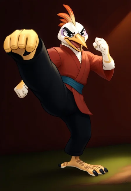 (((Barefoot furry character, full body, cinematic setting, furry male, plantigrade)))
(((Ono))), egret anthro, black eyes, ((red kimono and black pants, training kung-fu at training ground in park, fighting stance, dynamic pose, perform side kick)), (((nice bird feet, orange and black talons)))
BREAK, intricate details, highly detailed, extreme detail, octane render, fine art, best quality, highres, (detailed face:1.5), ((full_body)), UHD, (((perfect hands))), low light