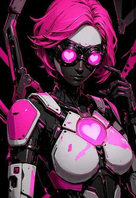 ArcaneFGTNRhigh A surreal and captivating artwork of Futuristic humanoid robot with a sleek pink and white design, wearing black goggles with glowing pink heart showing up on the visor screen, short pink hair, dark illustration comic book style, dynamic action pose