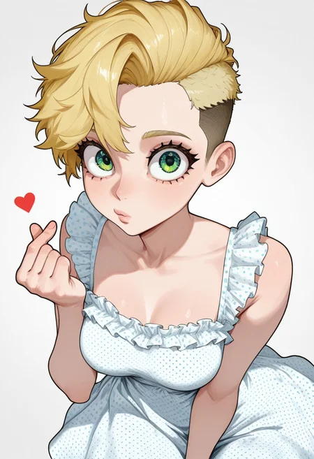 Pst,
short blonde hair, undercut,, frilled white dress, polka dot dress, green eyes, big eyes:1.2,
medium breasts,atlethic body,
,solo,finger_heart gesture