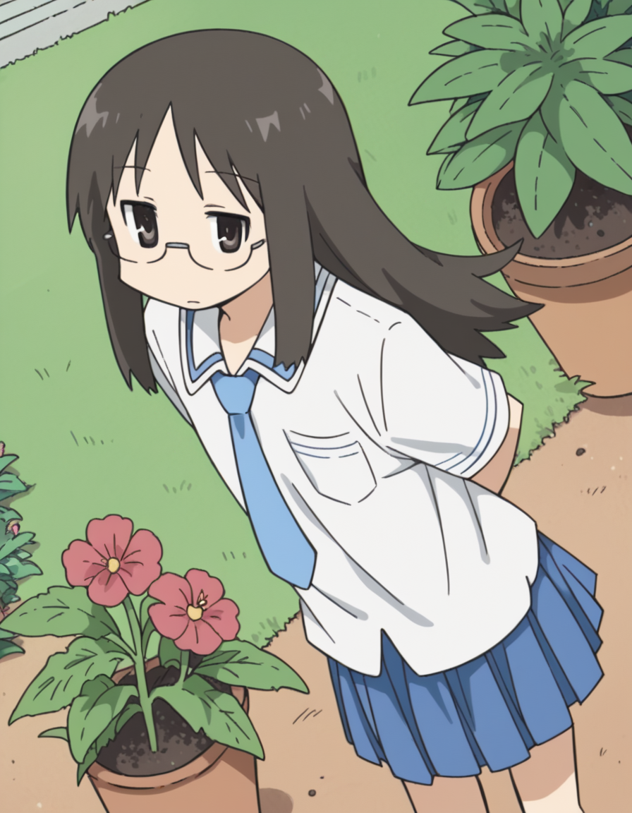 score_9, score_8_up, score_7_up, source_anime, <lora:mai-minakami-s1-ponyxl-lora-nochekaiser:1>, mai minakami, long hair, black hair, glasses, black eyes,, skirt, school uniform, necktie, tokisadame school uniform, gardening, watering plants, backyard, flowers blooming, sunny day,, , hands behind back, bent over,, looking at viewer, solo,, dutch angle, cowboy shot