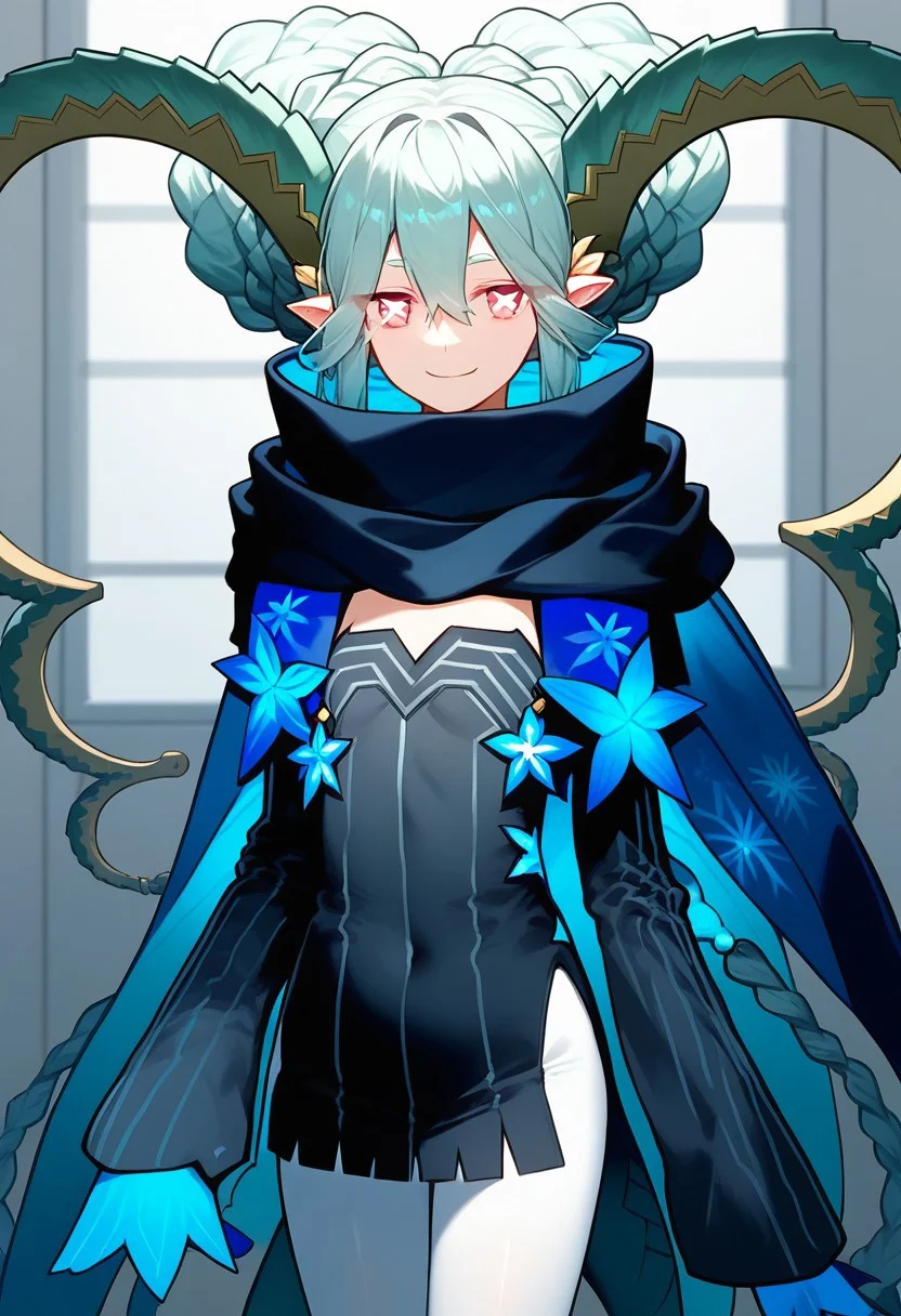 score_9, score_8_up, score_7_up, professional anime,1girl,female,solo,(Tiamat from fate grand order),horns, pointy ears, blue hair, symbol-shaped pupils, pink eyes, double bun, braid, twintails, scarf, short dress, black dress, long sleeves, sleeves past fingers, white pantyhose, tail,petite girl,short female,short girl,petite female,age regression, perfect body,smile,room
