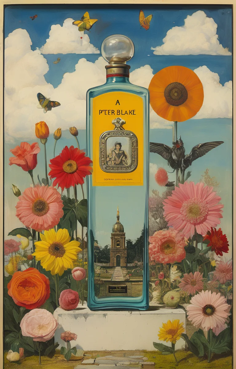masterpiece,best quality,<lora:tbh284-sdxl:0.9>,illustration,style of Peter Blake A bottle of perfume in garden