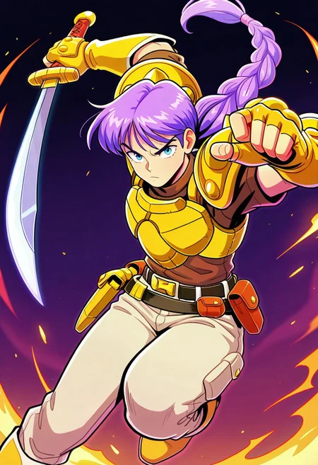 masterpiece, best quality, amazing quality, very aesthetic, absurdres, newest, myroffl3, 1boy, male focus, purple hair, long braided pony tail, spiked pauldrons, yellow armor, brown shirt, yellow fingerless gloves, belt with holster, belt with pouches, beige pants, boots, ((action pose)), close up, looking at viewer, sword, holding sword