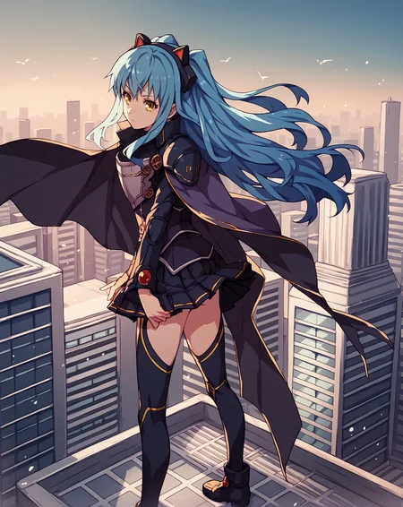 score_9, score_8_up, score_7_up, score_6_up, score_5_up, score_4_up, BREAK, solo, skyscraper, rooftop, cityscape,
<lora:tio1-000018:0.9>, tioplato, long hair, blue hair, yellow eyes, tiozero, fake animal ears, skirt, cape, armor, thighhighs,
