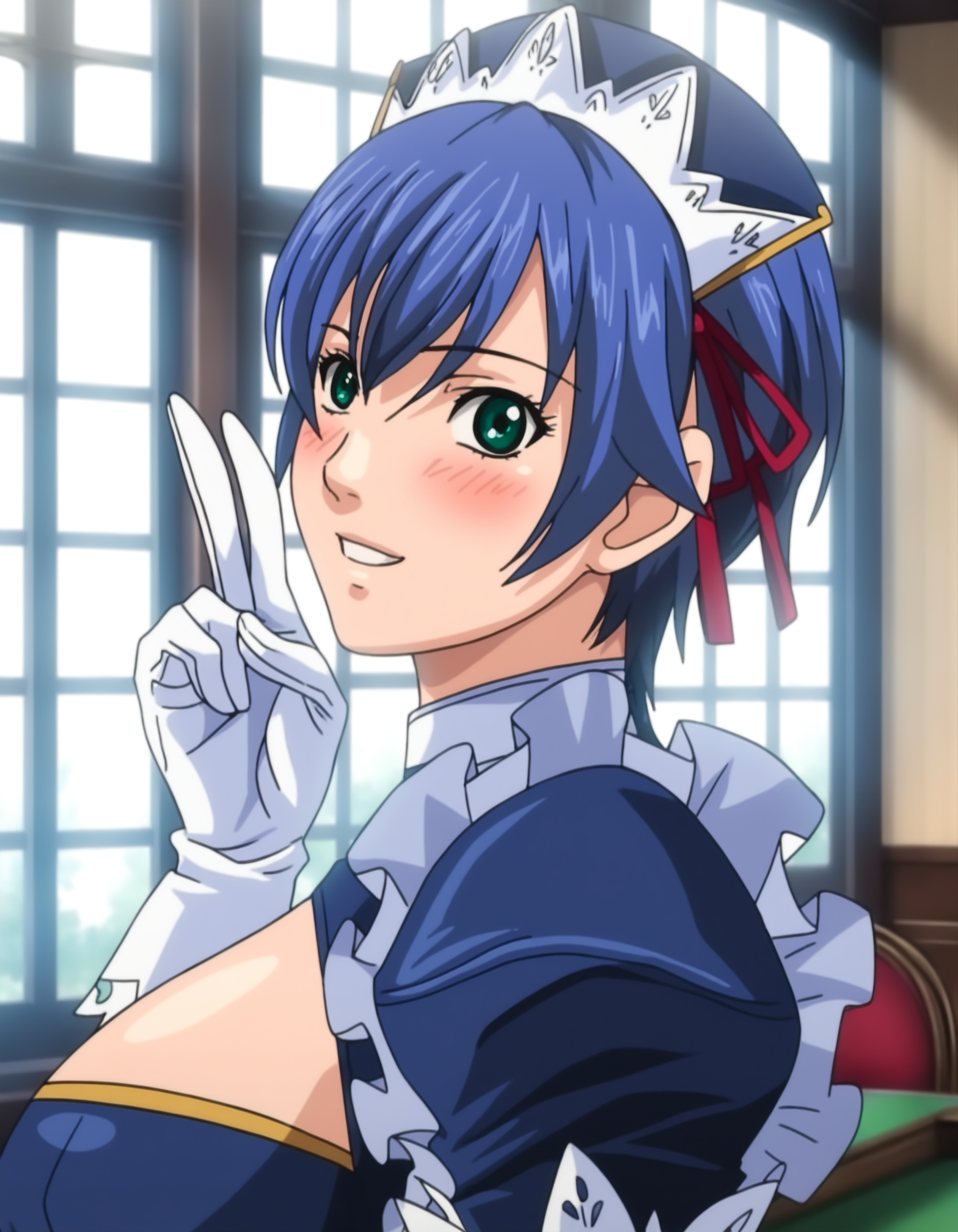 masterpiece, good quality, best quality, sidelighting, backlighting, bloom, shadow, game cg,
1girl, Asagiri Sachie,
two-finger salute, happy, from side, portrait, 
solo,
looking at viewer, blush, parted lips, smile,
blue hair, short hair, green eyes, hair ribbon, maid headdress,
maid, blue dress, cleavage cutout, puffy short sleeves, maid apron, white gloves,
indoors, window, mansion, day, sky, moon, luxury room
 <lora:Asagiri Sachie 3216 NoobAIXL Vpred:1>