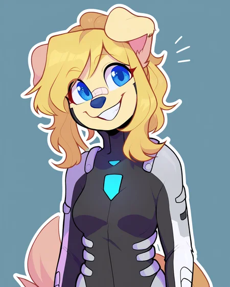 score_9_up, score_8_up, score_7_up, score_6_up, by remanedur, half-length portrait, blonde hair, medium breasts, furry female, blue eyes, female, furry, golden retriever, nose bandage, looking at viewer, pony tail, blonde fur, solo, happy, bodysuit, smile, three-quarter view, head tilt, simple background, white outline, <lora:Leah_Pines(AIM)_XL_v1:0.15> <lora:PDXL_artist_tags_v2_big:0.5> <lora:The-Minuscule-Task_PDXL_v1.0:0.6> <lora:Aubrey_Stormhand_ohmiyoni:0.65>