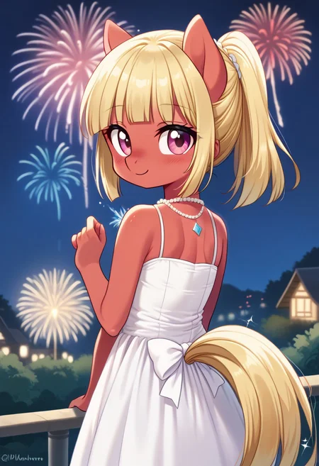score_9, r0ug3, white dress, necklace, source_pony, ntm, <lora:aerial-fireworks-ponyxl-lora-nochekaiser:1>, aerial fireworks, blurry background, blush, smile, fireworks, from behind, looking at viewer, looking back, night, night sky, outdoors, sparkle,
