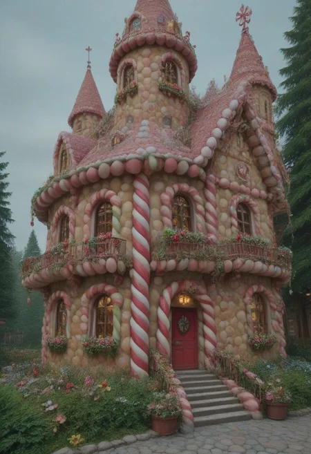 4k, score_9, score_8_up, score_7_up, hyper detailed, masterpiece, best quality, best quality, ultra detailed, ((detailed eyes)), zPDXL3, a candy house, candy house, candy village, CHRC4ND7