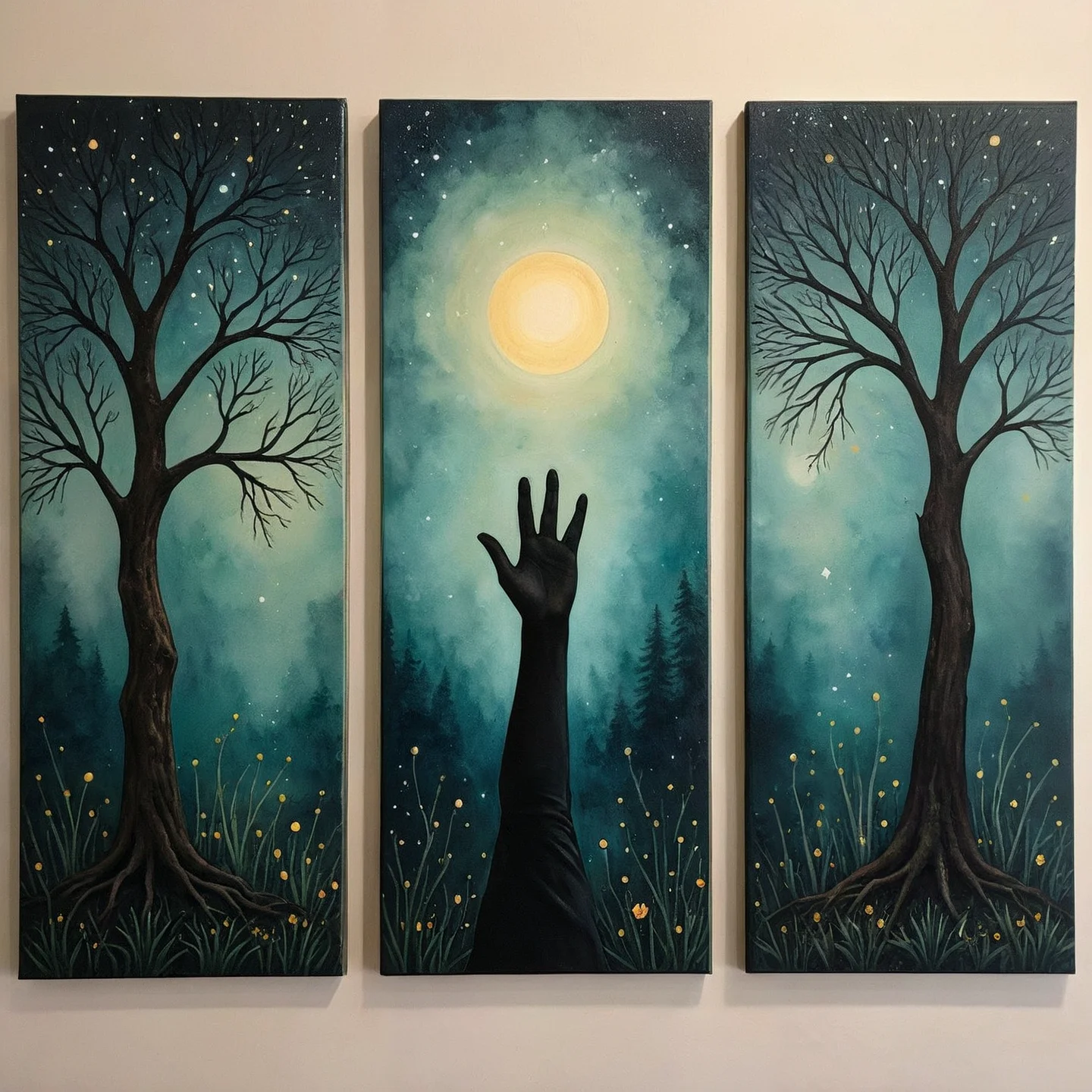 Triptych art, a painting in three panels. Abstract art
Reaching for the stars. A lush forest. A hand held high.
Fantasy style. Atmospheric. Moody. Soft dreamy watercolor.
<lora:TriptychArt01_CE_XL_300-OT:0.6> trptchCE_style
