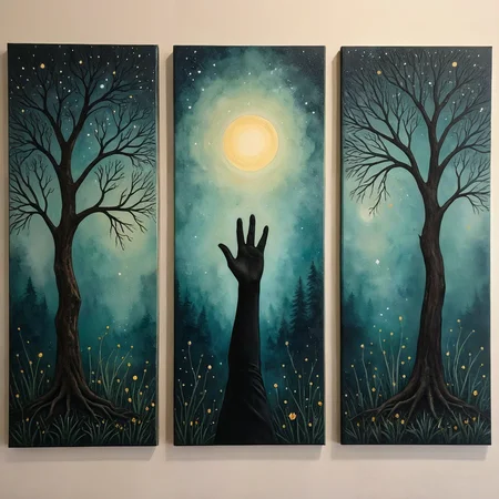 Triptych art, a painting in three panels. Abstract art

Reaching for the stars. A lush forest. A hand held high.

Fantasy style. Atmospheric. Moody. Soft dreamy watercolor.

<lora:TriptychArt01_CE_XL_300-OT:0.6> trptchCE_style