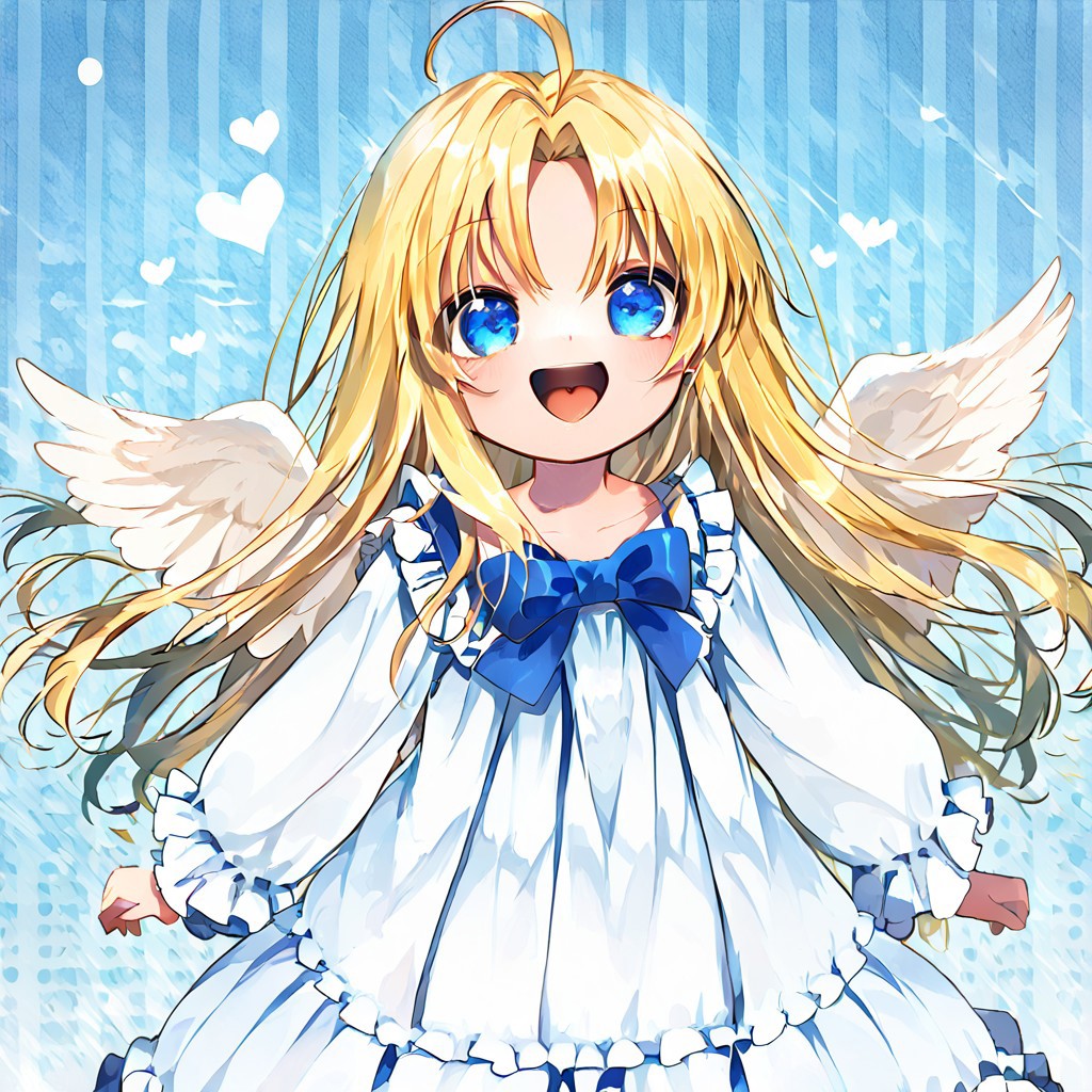 score_9, score_8_up, score_8, score_7_up, 
1girl, solo, AEFilo, blue eyes, blonde hair, ahoge, long hair, white wings, blue bowtie, white dress, frilled dress, frilled sleeves, long sleeves, barefoot, polka dots background, smile, open mouth, close shot, cute girl, looking at viewer,
cute, kawaii, hearts, heart in mouth,