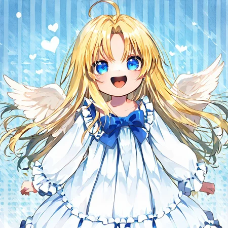 score_9, score_8_up, score_8, score_7_up,
1girl, solo, AEFilo, blue eyes, blonde hair, ahoge, long hair, white wings, blue bowtie, white dress, frilled dress, frilled sleeves, long sleeves, barefoot, polka dots background, smile, open mouth, close shot, cute girl, looking at viewer,
cute, kawaii, hearts, heart in mouth,