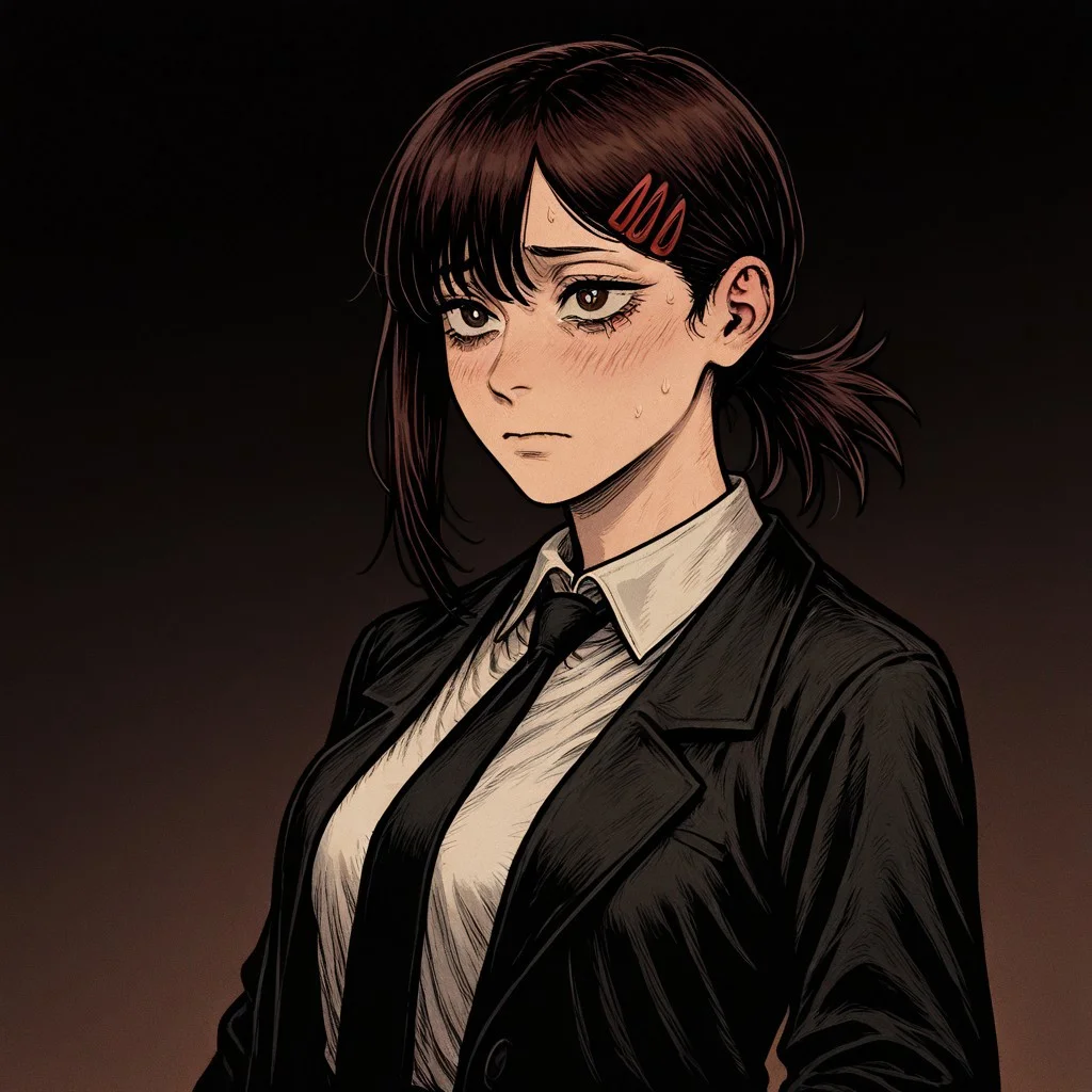 masterpiece, best quality, newest, absurdres, highres, NFCV1.0, 
1girl, higashiyama kobeni \(chainsaw_man\), brown hair, collared shirt, black necktie, black jacket,
