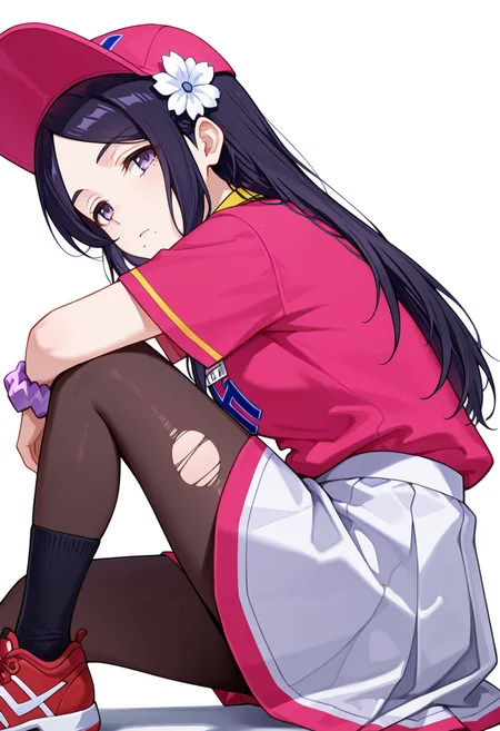masterpiece,high quality details, absurdres,
<lora:Kohinata:0.8>
kohinata_cnr, 1girl, black hair, long hair,parted bangs, purple eyes,mole under mouth,
kohinata_s1,uniform_cnr,employee uniform, sportswear, pink shirt,short sleeves, skirt, hat, black socks,red sneakers, hair flower, wrist scrunchie,, simple background, white background, from side,solo,, determined,bored,, coat ,blazer ,torn pantyhose, ,calf socks,