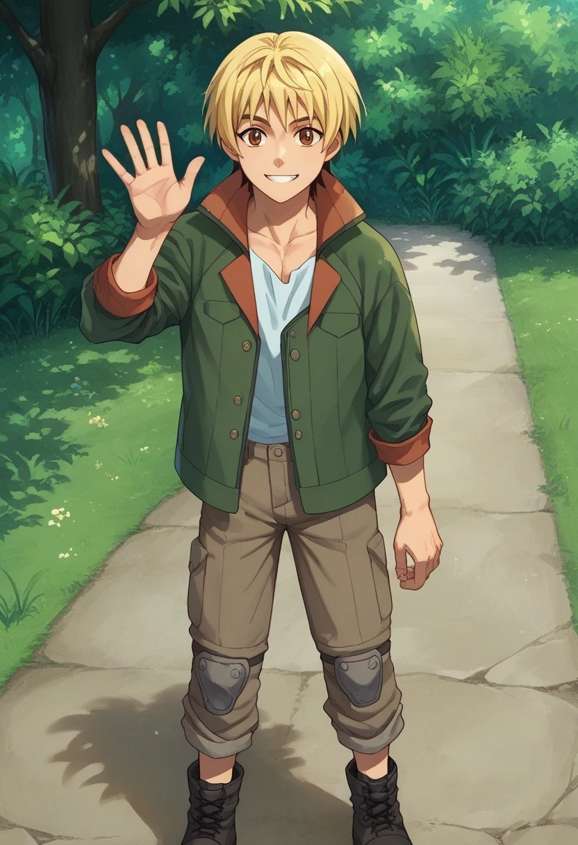score_9, score_8_up, score_7_up, source_anime, highly detailed, 

takaki, 1boy, male focus, solo, blonde hair, knee pads, smile, waving, jacket, green jacket, looking at viewer, pants, brown eyes, boots, rolled up pants,

outdoor,
