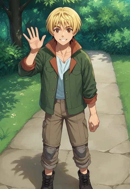 score_9, score_8_up, score_7_up, source_anime, highly detailed,
takaki, 1boy, male focus, solo, blonde hair, knee pads, smile, waving, jacket, green jacket, looking at viewer, pants, brown eyes, boots, rolled up pants,
outdoor,