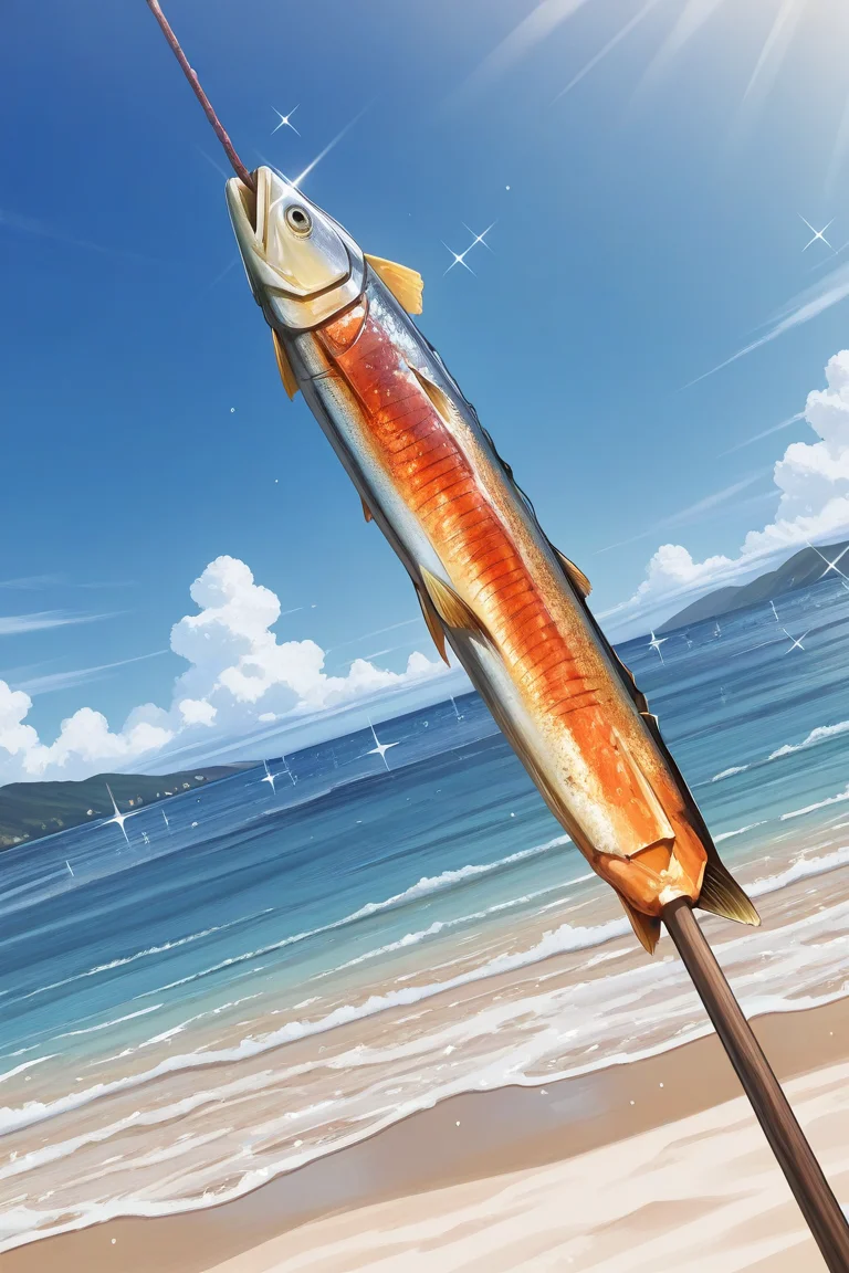realistic shading, natural lighting, food focus, dafoodie, sparkling food focus, sparkle, grilled fish on a stick, outdoors beach, dutch angle, dynamic angle, intricately detailed illustration, depth of field, atmospheric perspective, masterpiece, best quality, amazing quality, very aesthetic, absurdres, newest