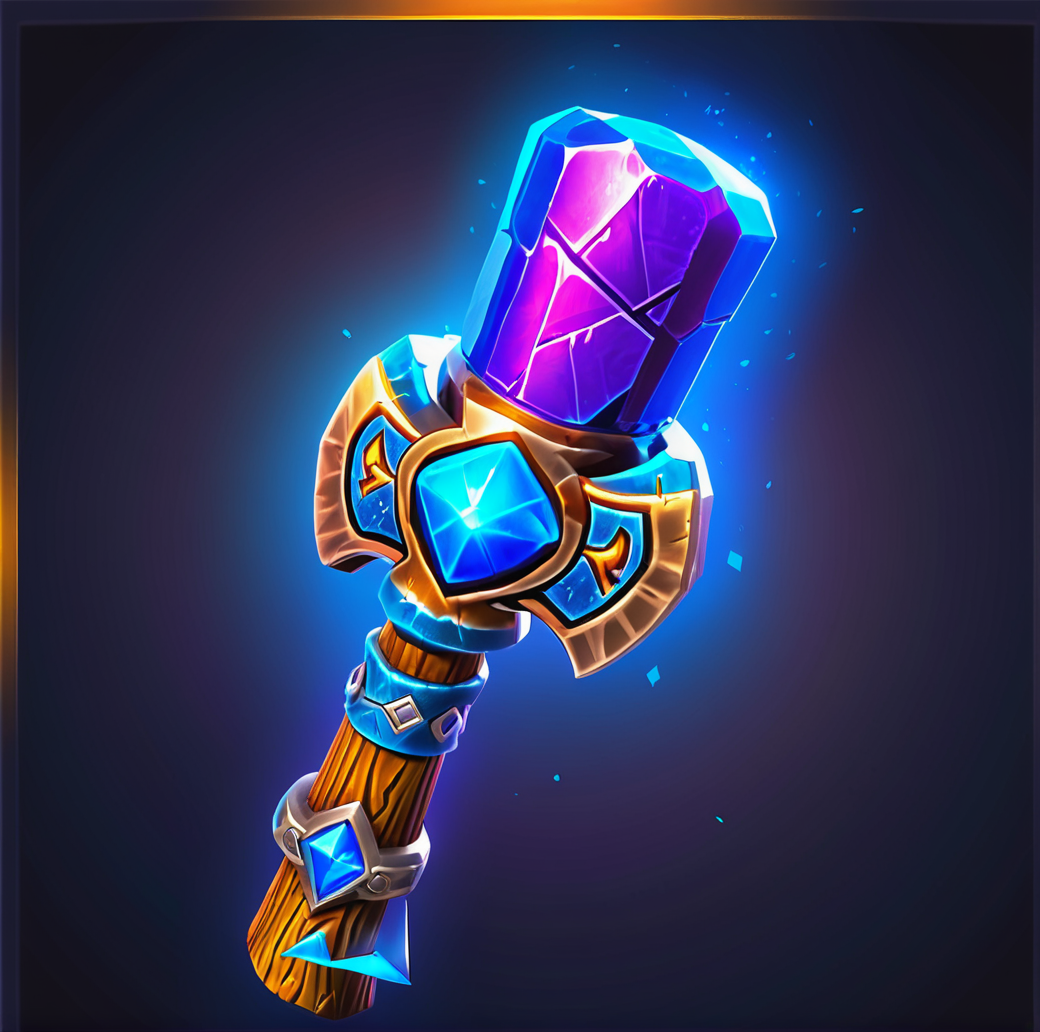 digital game illustration, fantasy hammer, magical weapon, enchanted warhammer, glowing runes, gemstones, metallic texture, wood handle, wrapped grip, blue and purple color scheme, intricate metalwork, high-quality illustration, digital art, isolated on dark background, three-dimensional effect, shiny reflections, game asset ,<lora:æ¸¸æ-000002:0.6>