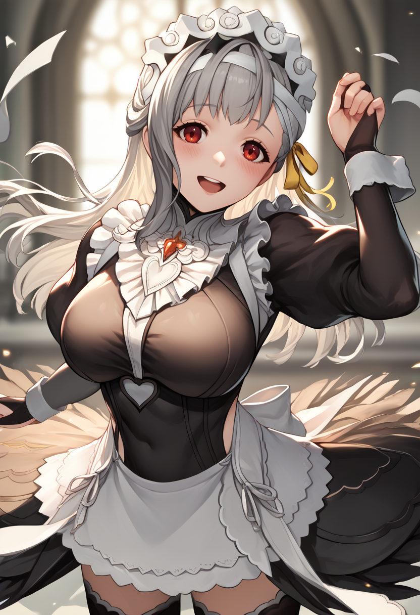 score_9, score_8_up, score_7_up, source_anime BREAK 1girl, solo, <lora:modernia-nikke-richy-v1_pdxl:1> moderniarnd, red eyes, grey hair, long hair, bangs, large breasts, hair ornament, bandaged head, <lora:fatesmaid-fe-richy-v1_pdxl:1> fates maid, maid headdress, maid apron, bridal gauntlets, black thighhighs, standing, smile, blush, open mouth, yellow hair ribbon