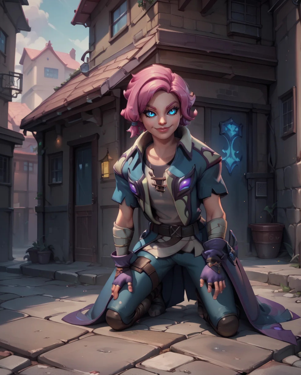 score_9,score_8_up,score_7_up,
maeve,solo.short pink hair with a hair knot,blue slit pupils,blue eyes,
belt,fingerless gloves,shirt,coat,short sleeves,smile,
kneeling,
rooftop,fantasy,
nighttime,outside,alley,<lora:maeve:0.8>,