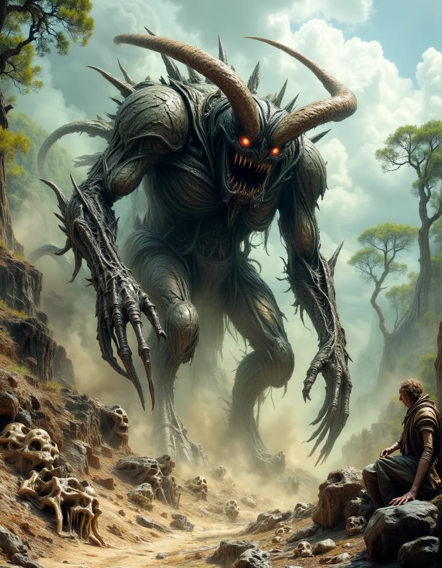 The Devourer of the Hollow Valley A towering, insectoid colossus, its chitinous body covered in jagged scars and broken armor plates, moves through a valley of petrified trees, its massive mandibles clicking with unnatural precision. Its thick, segmented limbs, each ending in clawed, spade-like appendages, crush the brittle remains of an ancient battlefield as it marches forward. The ridges of its back are lined with curved, spiraling horns, their surfaces etched with deep grooves from battles fought in ages long forgotten. As it moves, the valley itself trembles, dust and bone rising in its wake. The air is thick with the scent of dry earth and decay, and the wind carries the distant echoes of something even greater stirring beneath the ground.
<lora:dark-fantasy-flux:1>