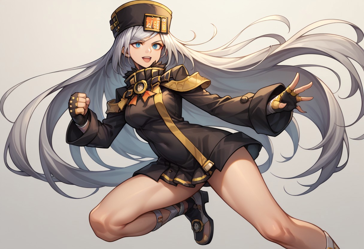 score_9, score_8_up, score_7_up, source_anime, good anatomy, s1girl, solo, MilliaRageXrd, silver hair, very long hair, blue eyes, short black dress with yellow trim, high collar, military uniform, license plate, black hat with yellow trim, ushanka, black gloves, belts, bare legs, sleeves past wrists, shoes, fighting stance, open mouth, smiling