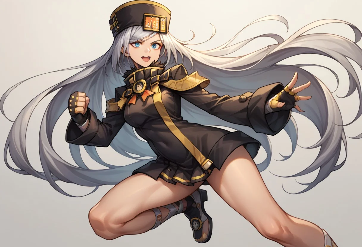 score_9, score_8_up, score_7_up, source_anime, good anatomy, s1girl, solo, MilliaRageXrd, silver hair, very long hair, blue eyes, short black dress with yellow trim, high collar, military uniform, license plate, black hat with yellow trim, ushanka, black gloves, belts, bare legs, sleeves past wrists, shoes, fighting stance, open mouth, smiling