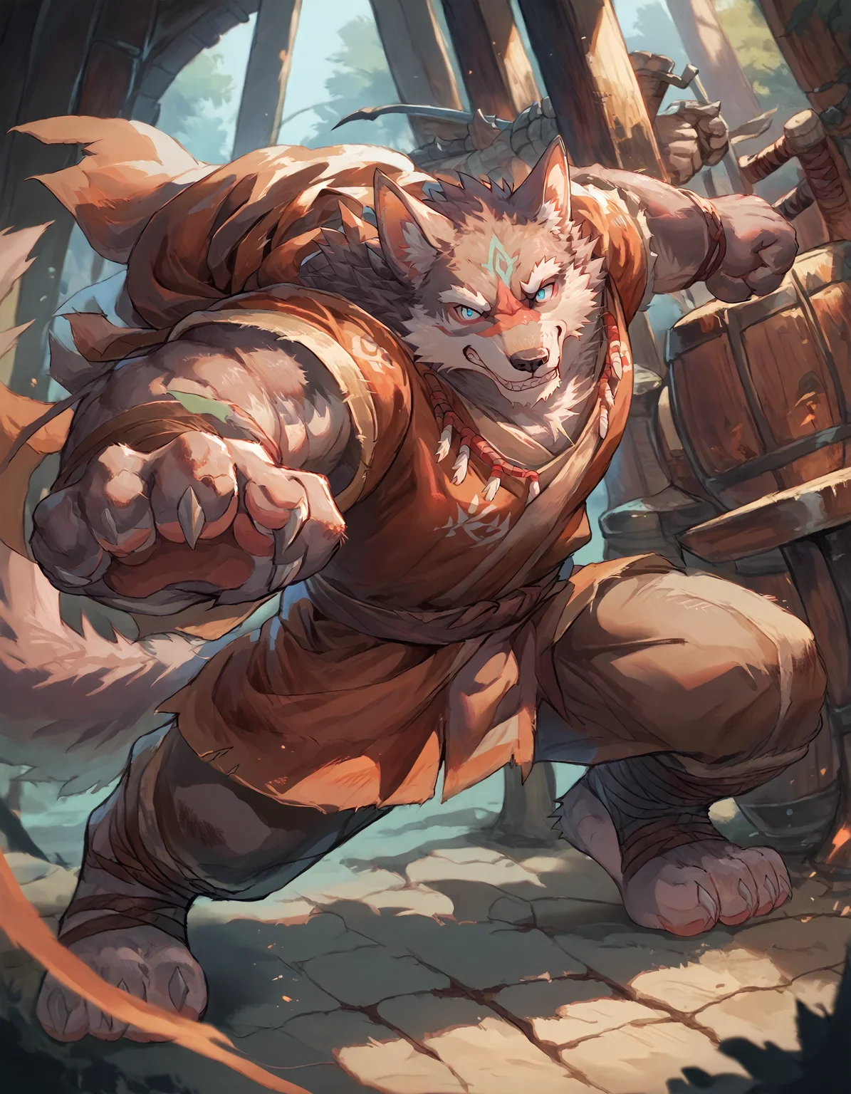 score_9, score_8_up, score_7_up, rating_safe, source_furry, detailed, detailed background, 2D, solo, soft light, fighting stance, BREAK Eyv1ndXL, bara, anthro, body fur, male, blue eyes, fur, tail, furry, clothed, tribal clothing, tavern, fighting stance, smirk embedding:zPDXL3, <lora:Eyvind_-_Tavern_of_Spear_-_PonyXL.safetensors:1.0>, <lora:fight stance V2.safetensors:1.0>,