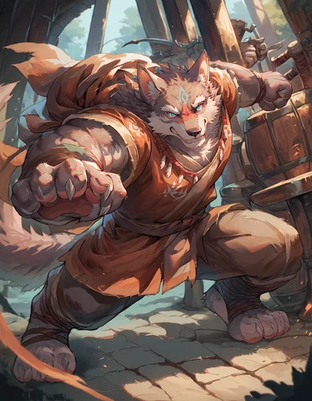 score_9, score_8_up, score_7_up, rating_safe, source_furry, detailed, detailed background, 2D, solo, soft light, fighting stance, BREAK Eyv1ndXL, bara, anthro, body fur, male, blue eyes, fur, tail, furry, clothed, tribal clothing, tavern, fighting stance, smirk embedding:zPDXL3, <lora:Eyvind_-_Tavern_of_Spear_-_PonyXL.safetensors:1.0>, <lora:fight stance V2.safetensors:1.0>,