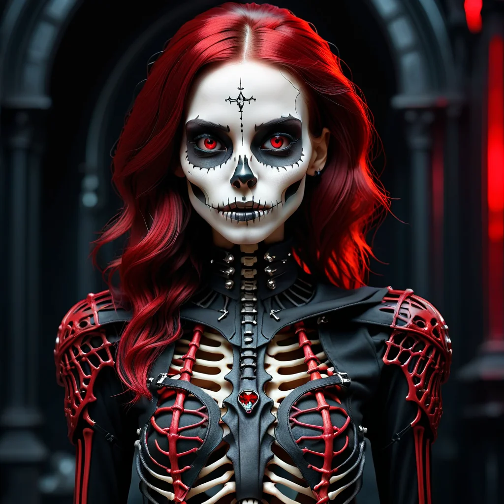 intricate photo of a skeleton girl, vampire clothing, cyberpunk style, gothic art, red and black colors