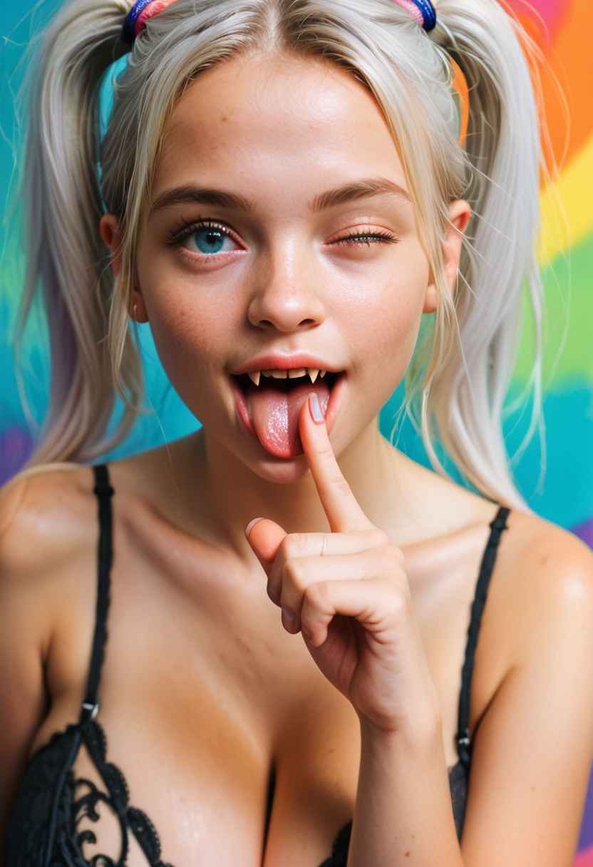 score_9, score_8_up, score_7_up, portrait of a cute woman with white hair, pigtails, huge breasts, colorful background, closing one eye, winking, tongue out, fangs, mouth open, looking at viewer, lingerie, finger to mouth,