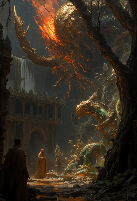 A desolate, haunted landscape dominated by a blood-red moon with gnarled arms reaching from its surface, casting eerie shadows. Below, a fire minotaur blazes, its form (disintegrating and dissolving into fog and smoke:1.9), (blending form with reality:1.9), merging into swirling mist and scattering smoke that engulfs the scene. Amid the chaos, a majestic emerald-green serpent-like dragon with shimmering scales and glowing golden eyes coils gracefully through cascading waterfalls and jagged cliffs, its presence serene yet commanding. A lone figure in a golden robe stands by a reflective stream, caught between the dissolving minotaur's fiery chaos and the dragon's mystical calm. Twisted, skeletal trees frame the scene, their claw-like branches stretching in anguish, while the decrepit silhouette of an old house looms in the fog. Volumetric lighting highlights drifting mist, cracked light, and scattering smoke, blending vibrant realism with an eerie, dreamlike atmosphere