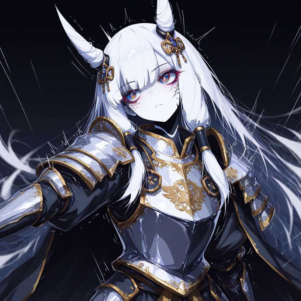 ((detailed face,masterpiece,amazing quality,best quality,ultra-detailed,, perfect composition,newest )), (( 8K, 8k skin textures, amazing quality, realisticshaded and colored)), subject focus, depth of field, fagun yibei, berryverrine, cape, samurai shoulder armor, royal presentation, intro trailer, (head tilt), dark room, anime eyes, cowboy shot, looking at viewer, hair ornament, gold trim, breastplate, reflective silver, (neon black theme:0.85), simple background, windy, hair tubes, looking away, hair horns, outstretched arm, BREAK very aesthetic, smooth image, (detailed face and eyes), mesmerizing gaze, motion lines, action lines, sharp focus,