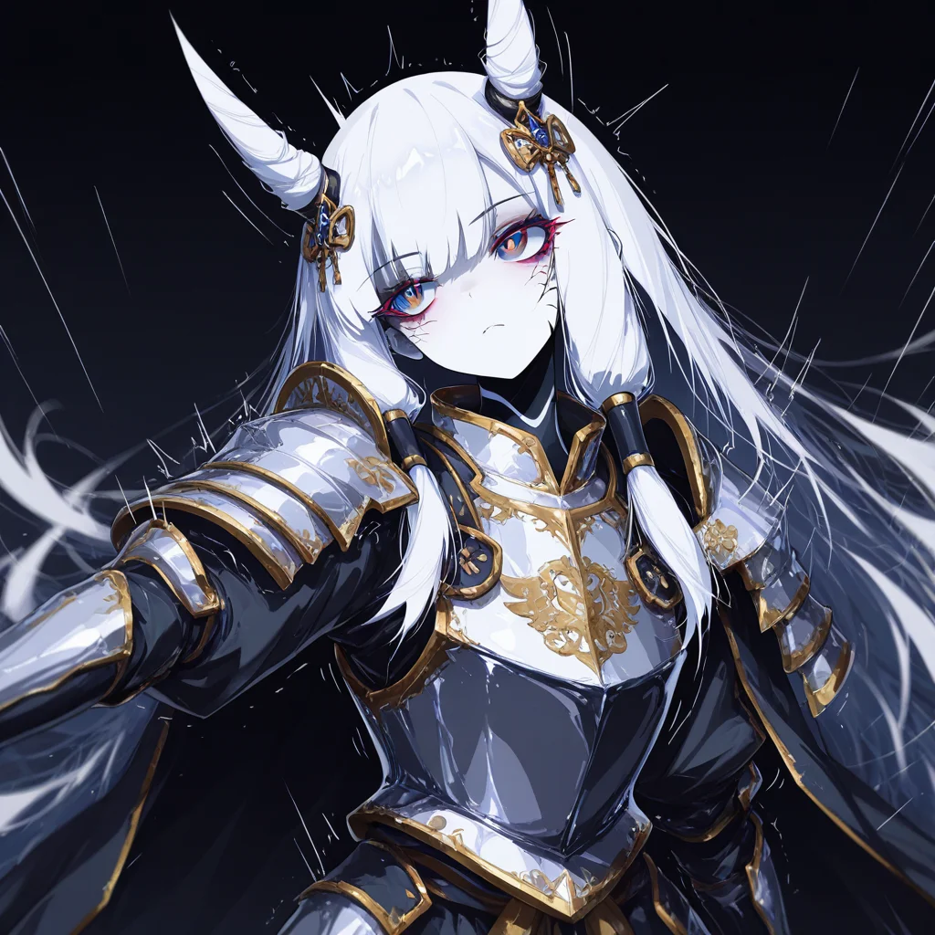 ((detailed face,masterpiece,amazing quality,best quality,ultra-detailed,, perfect composition,newest )), (( 8K, 8k skin textures, amazing quality, realisticshaded and colored)), subject focus, depth of field, fagun yibei, berryverrine, cape, samurai shoulder armor, royal presentation, intro trailer, (head tilt), dark room, anime eyes, cowboy shot, looking at viewer, hair ornament, gold trim, breastplate, reflective silver, (neon black theme:0.85), simple background, windy, hair tubes, looking away, hair horns, outstretched arm, BREAK very aesthetic, smooth image, (detailed face and eyes), mesmerizing gaze, motion lines, action lines, sharp focus,