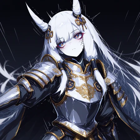 ((detailed face,masterpiece,amazing quality,best quality,ultra-detailed,, perfect composition,newest )), (( 8K, 8k skin textures, amazing quality, realisticshaded and colored)), subject focus, depth of field, fagun yibei, berryverrine, cape, samurai shoulder armor, royal presentation, intro trailer, (head tilt), dark room, anime eyes, cowboy shot, looking at viewer, hair ornament, gold trim, breastplate, reflective silver, (neon black theme:0.85), simple background, windy, hair tubes, looking away, hair horns, outstretched arm, BREAK very aesthetic, smooth image, (detailed face and eyes), mesmerizing gaze, motion lines, action lines, sharp focus,