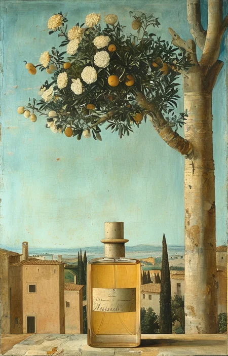 masterpiece,best quality,<lora:tbh194-sdxl:0.9>,illustration,style of Piero della Francesca A bottle of perfume in garden