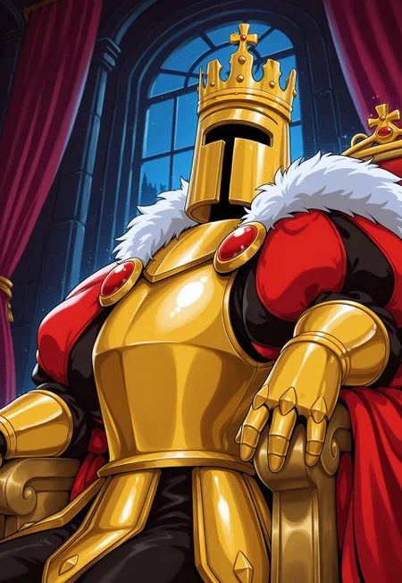 masterpiece, best quality, amazing quality, KingKnightSW, red cape, fur trim, armor, helmet, crown, gauntlets, looking at viewer, sitting on throne, upper body, cowboy shot, window, curtains, night, detailed background, dynamic pose, sparkles, side view,