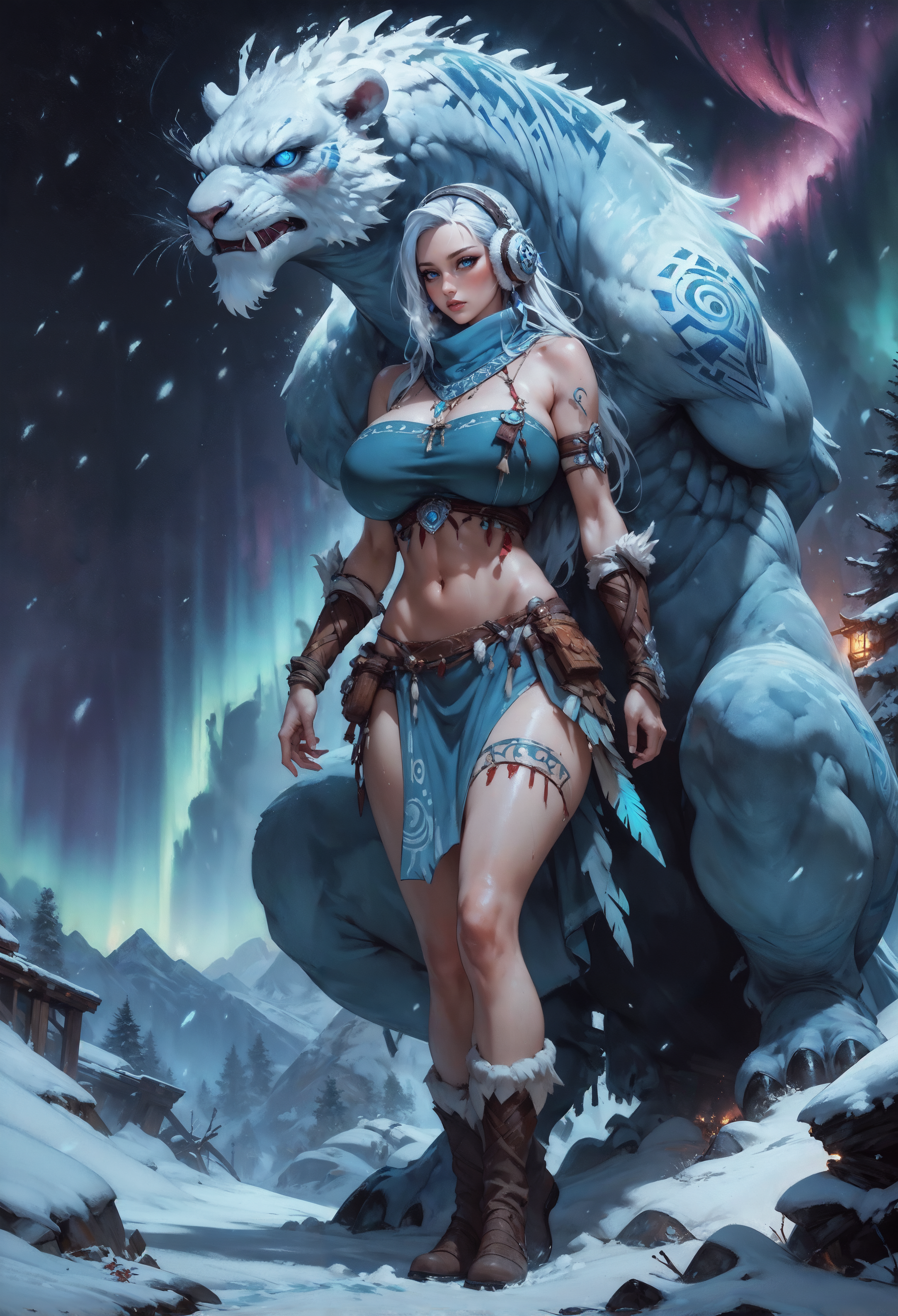 score_9, score_8_up, score_7_up, score_6_up, score_5_up, score_4_up,  1girl, blush, blue eyes, eskimo, tribal, primitive, furs, leather clothing, glacier, arctic ocean, starry night, aurora, snow, snowing, ice, cold, blizzard, icebergs, midriff, huge breasts, fluffy, fur footwear, ear muffs  <lora:Fant5yP0ny:0.8>,  <lora:Expressive_H-000001:0.6>, expressiveH,  <lora:Concept Art Twilight Style SDXL_LoRA_Pony Diffusion V6 XL:0.6> Concept Art,