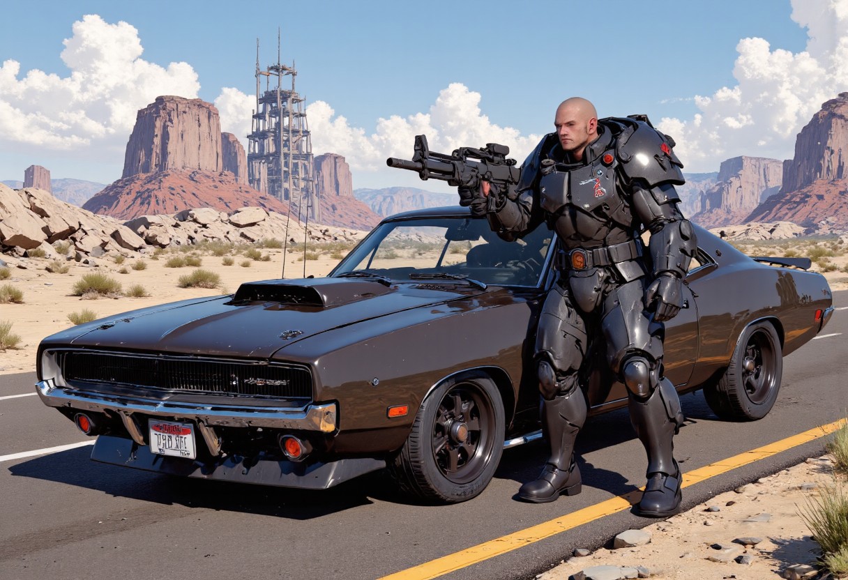 The man is in a heavily armored futuristic black power armor. It has large shoulder pads. He wields a massive belt fed machine gun. He is ready for action in a deserted road. Next to him is a parked cyberpunk styled 1970 Dodge Charger it is supercharged and has futuristic big wide wheels. In the distant we see a post apocalyptic ruined cyberpunk metropolis.