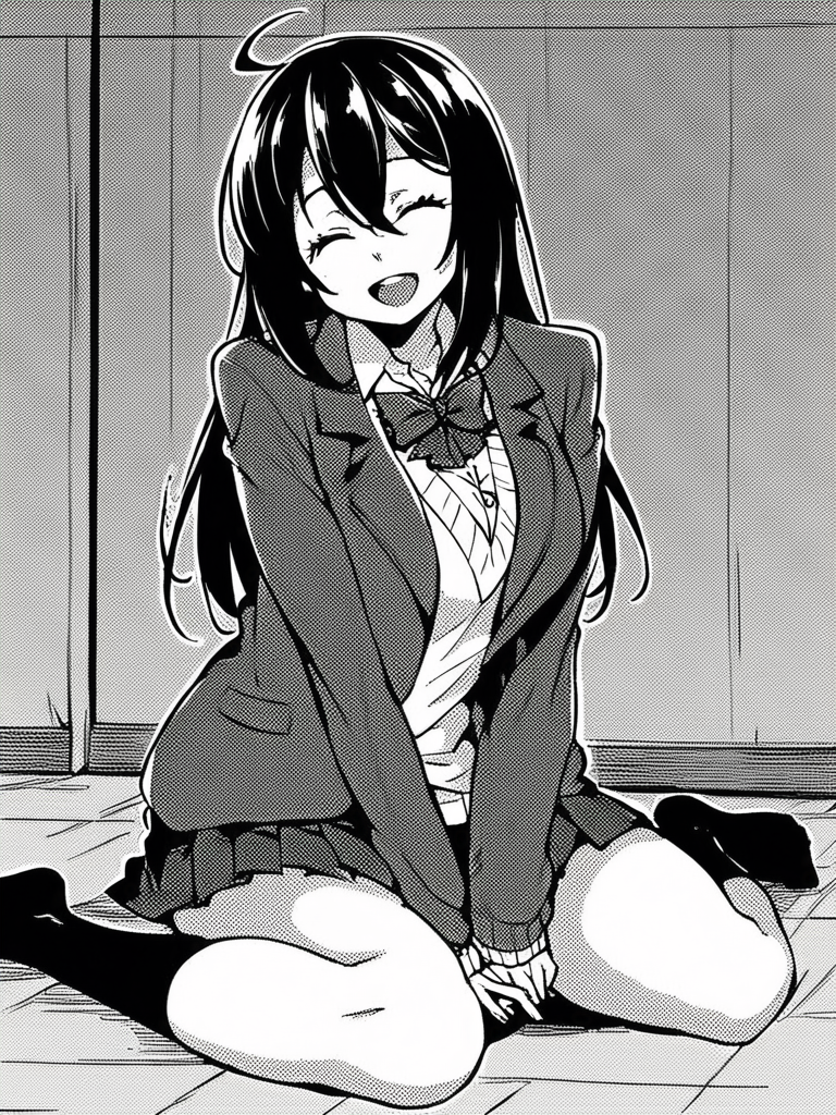 score_9, score_8_up, score_7_up,  
1girl, monochrome, yuuka ke, long hair, black hair, large breasts, ahoge,


sitting, on floor, bedroom, school uniform, pleated skirt, blazer, sweater, bowtie, white shirt, smile, closed eyes, looking at viewer, open mouth, black socks, no shoes, 