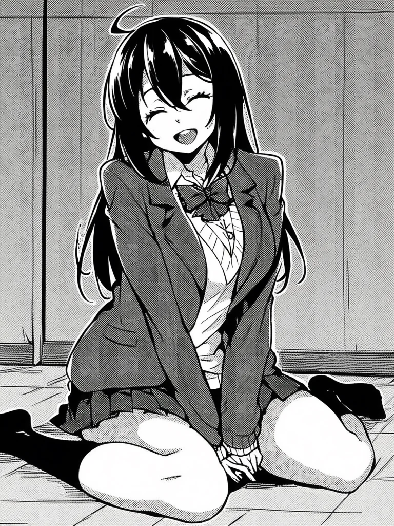score_9, score_8_up, score_7_up,  
1girl, monochrome, yuuka ke, long hair, black hair, large breasts, ahoge,


sitting, on floor, bedroom, school uniform, pleated skirt, blazer, sweater, bowtie, white shirt, smile, closed eyes, looking at viewer, open mouth, black socks, no shoes, 