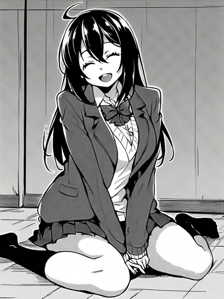 score_9, score_8_up, score_7_up,
1girl, monochrome, yuuka ke, long hair, black hair, large breasts, ahoge,
sitting, on floor, bedroom, school uniform, pleated skirt, blazer, sweater, bowtie, white shirt, smile, closed eyes, looking at viewer, open mouth, black socks, no shoes,
